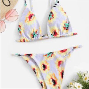 Pinstripe + Floral Two Piece Bikini Swim Suit
